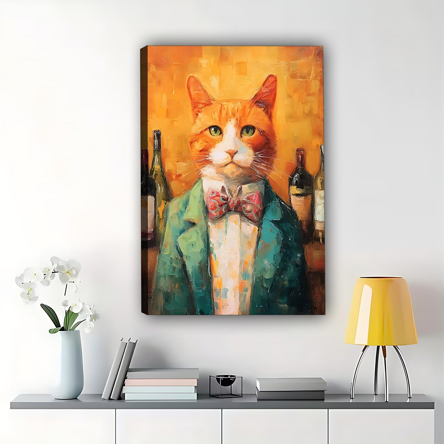 Cat Bartender Oil Painting – Vintage Orange Tabby Wall Art for Wine Bar Kitchen Decor