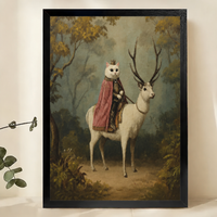Royal Cat Riding White Stag Wall Art – Whimsical Dark Fantasy Canvas Print on Natural Wood Frame