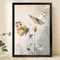 Two White Butterflies on Wildflowers Wall Art - Minimalist Textured Oil Painting Canvas Print