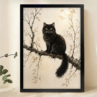 Fluffy Black Cat on Branch Wall Art – Warm Japanese Ink Painting Canvas Print on Natural Wood Frame
