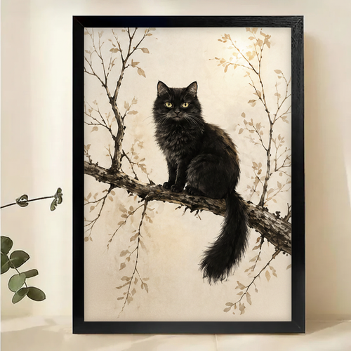 Fluffy Black Cat on Branch Wall Art – Warm Japanese Ink Painting Canvas Print on Natural Wood Frame
