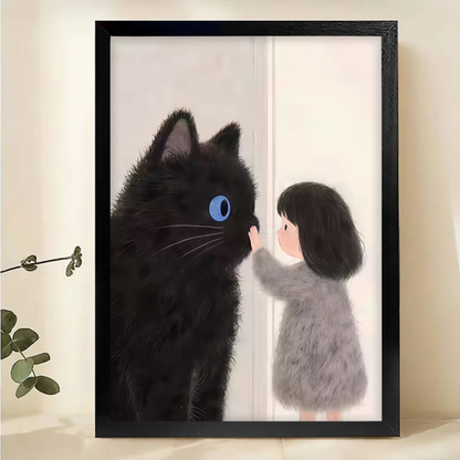 Girl with Black Cat Wall Art - Whimsical Children's Room Decor