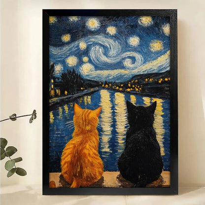 Cats Under Starry Night - Van Gogh Inspired Canvas Wall Art