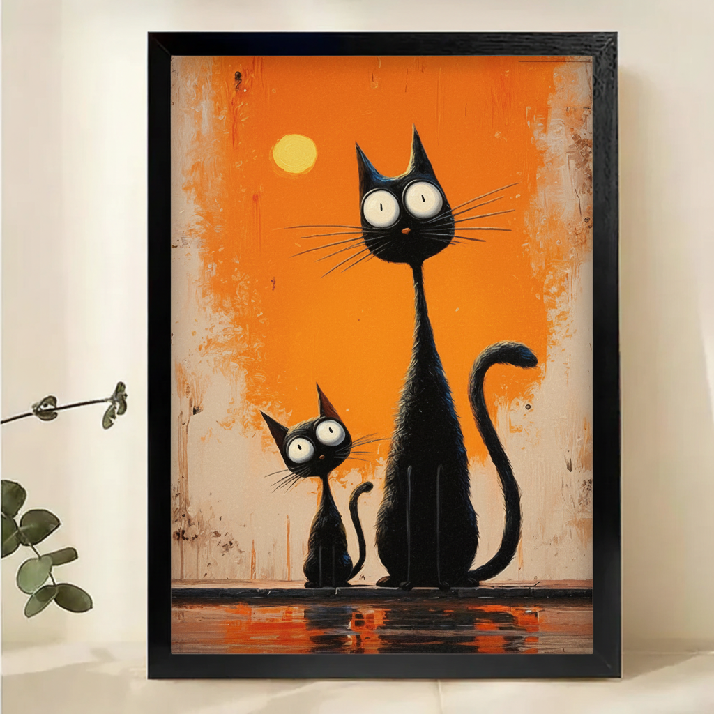 Big & Little Black Cats Under the Moon Wall Art – Whimsical Halloween Canvas Print on Natural Wood Frame