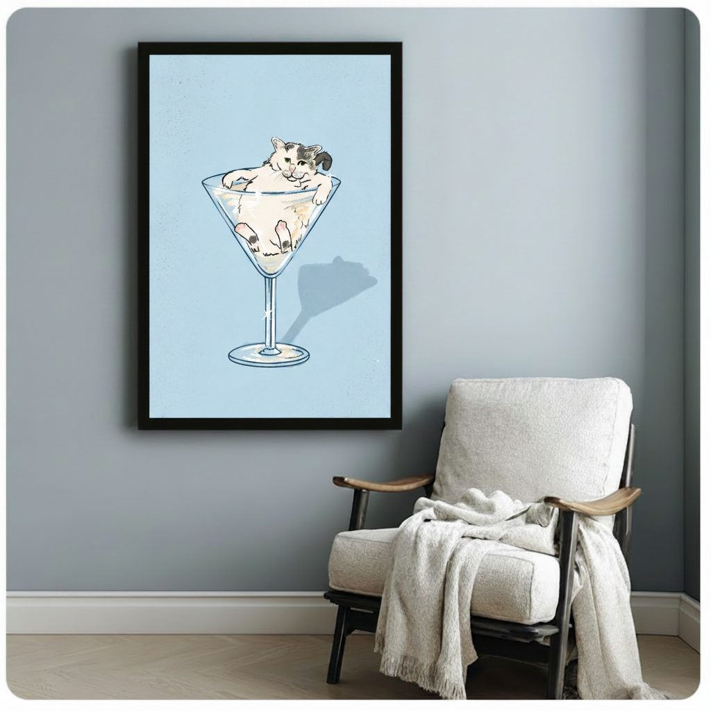 Cat in Martini Glass Funny Canvas Wall Art