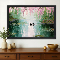 Two Black Cats on Monet's Lily Pond Wall Art – Impressionist Oil Painting Canvas Print on Natural Wood Frame