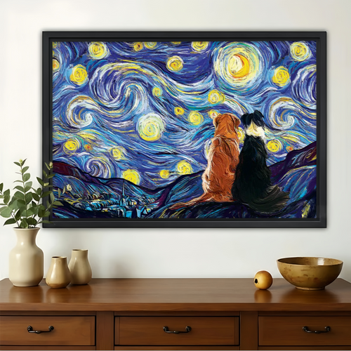 Dogs Under Starry Night Wall Art - Van Gogh Style Canvas Print
