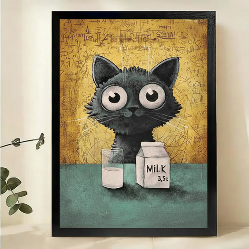 Fluffy Black Cat with Milk Carton Wall Art – Cute Quirky Cat Canvas Print on Natural Wood Frame