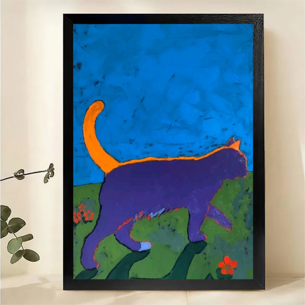 Purple Cat in Garden Wall Art - Bold Colorful Abstract Print