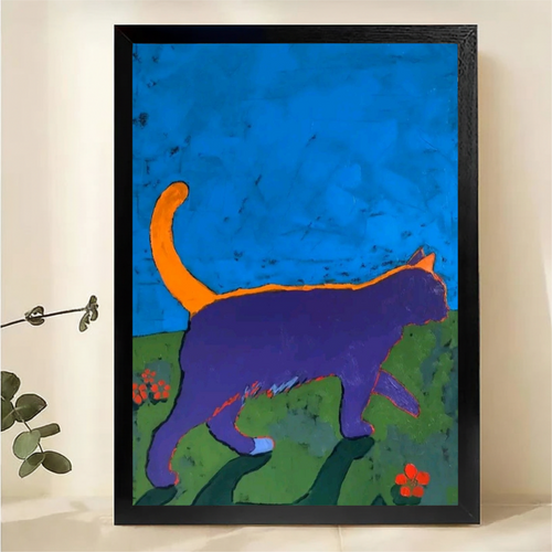 Purple Cat in Garden Wall Art - Bold Colorful Abstract Print