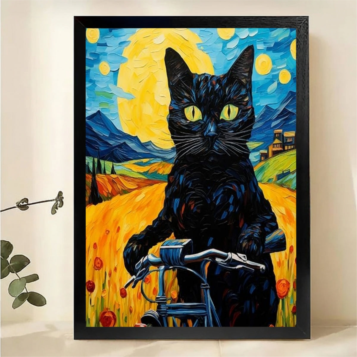 Black Cat Riding Bicycle Van Gogh Style Wall Art - Impressionist Canvas Print