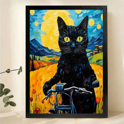 Black Cat Riding Bicycle Van Gogh Style Wall Art - Impressionist Canvas Print