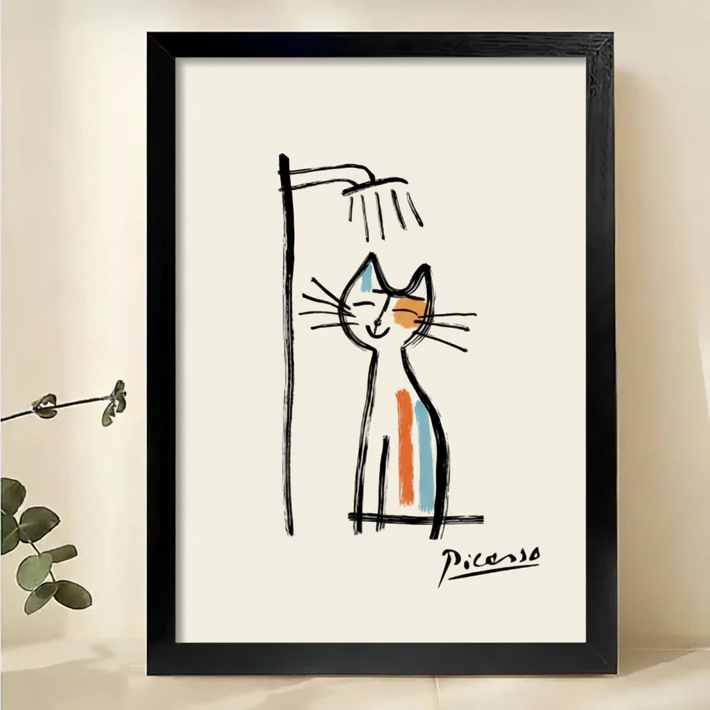 Picasso-Style Cat in Shower Wall Art – Minimalist Line Art Cat Canvas Print on Natural Wood Frame