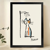 Picasso-Style Cat in Shower Wall Art – Minimalist Line Art Cat Canvas Print on Natural Wood Frame