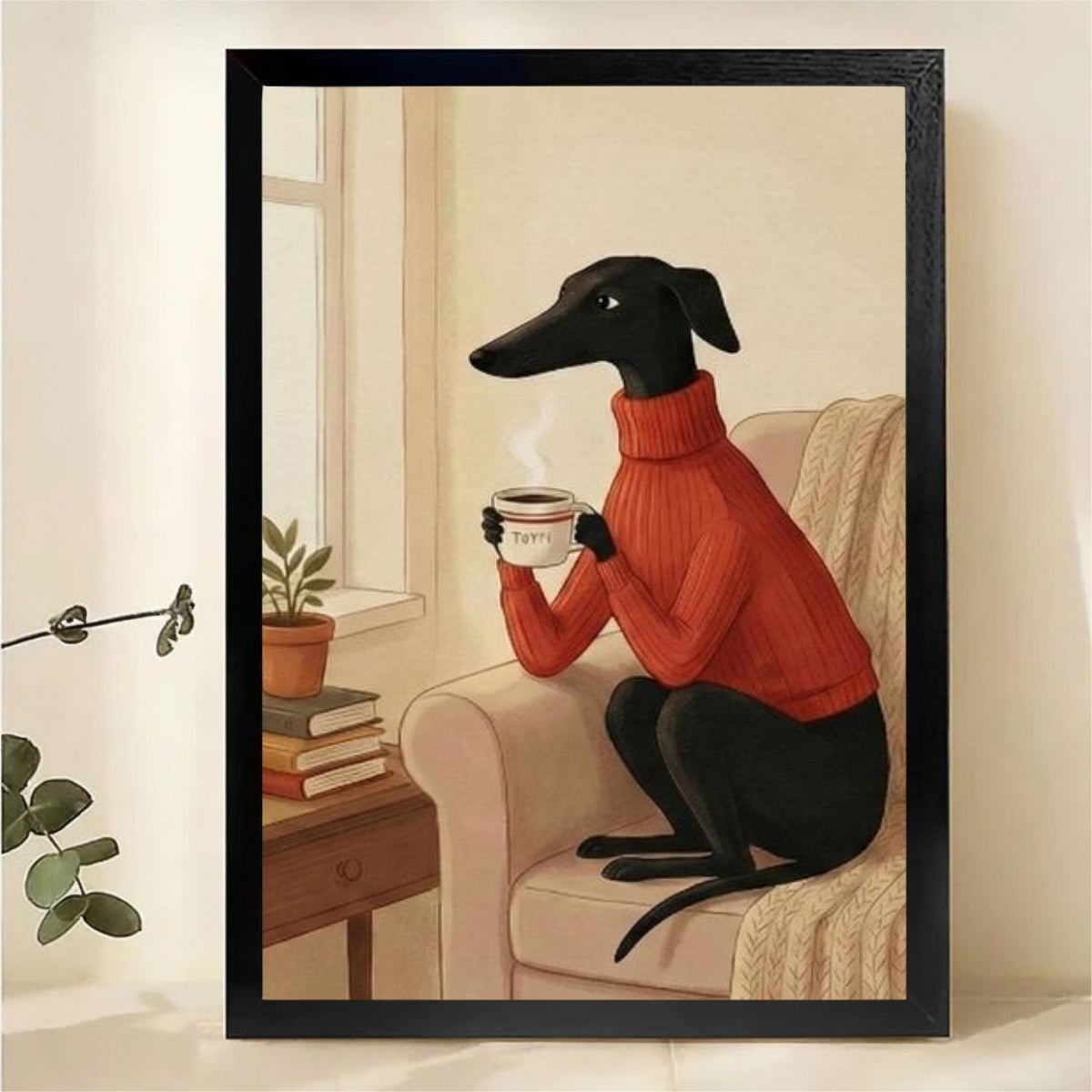 Greyhound in Red Sweater with Coffee by Window Wall Art - Cozy Illustrated Canvas Print