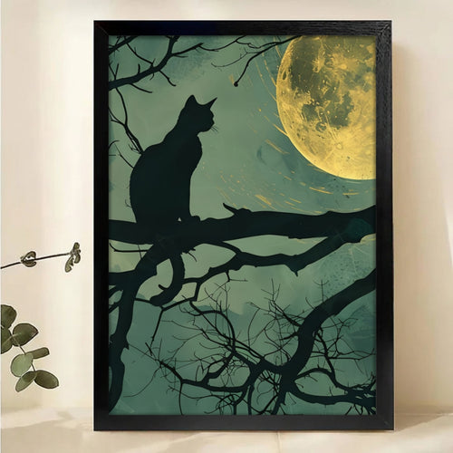 Cat Silhouette Under Full Moon Canvas Wall Art - Moonlight Print