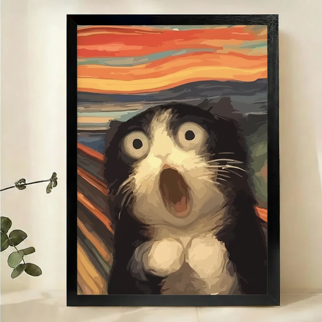 The Scream Cat Parody Wall Art – Funny Munch-Inspired Canvas Print on Natural Wood Frame