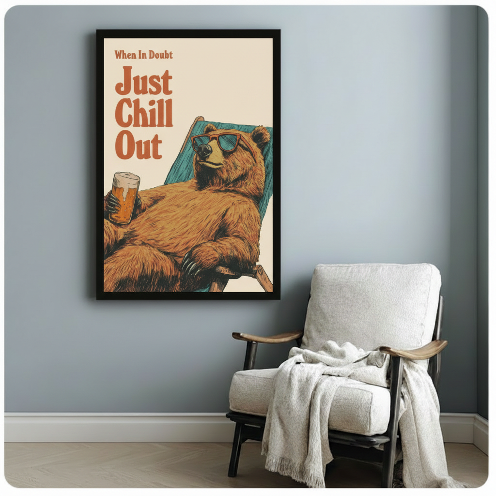 Just Chill Out Bear Beer Retro Canvas Wall Art