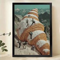 Mountaineers Climbing a Giant Croissant Wall Art – Surrealist Food Collage Canvas Print on Natural Wood Frame