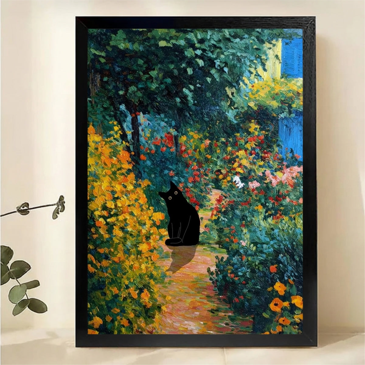 Black Cat in Garden Wall Art - Impressionist Floral Landscape Print