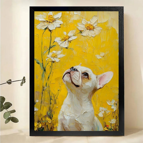 French Bulldog with Daisies Wall Art - Yellow Oil Painting Canvas Print