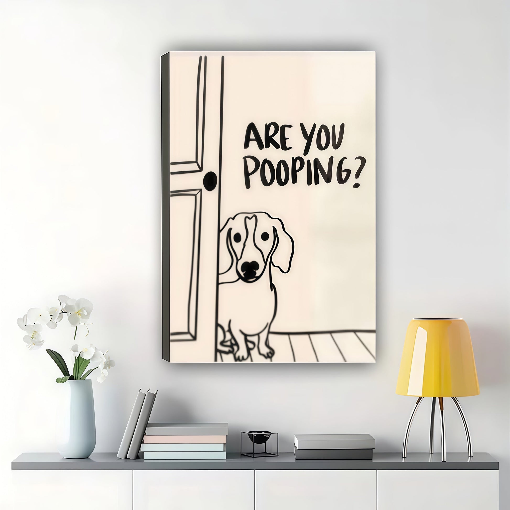 Are You Pooping? Peeking Dachshund – Humorous Bathroom Wall Art on Natural Wood Canvas