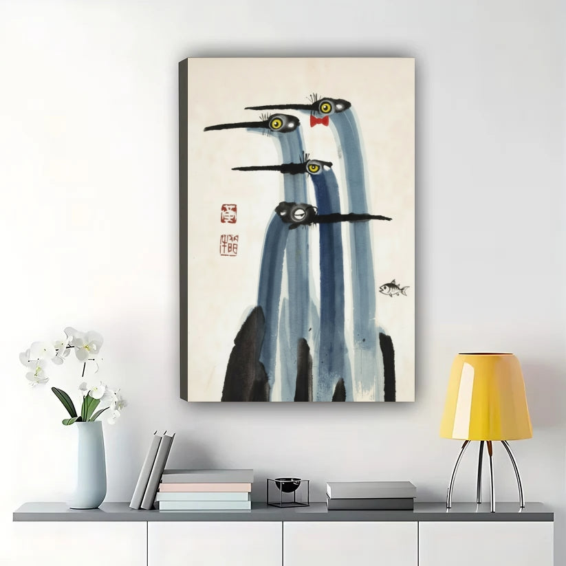 Whimsical Flying Birds – Japanese Ink Wash Style Wall Art on Natural Wood Canvas