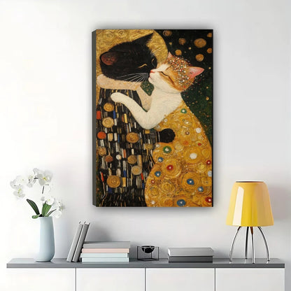 Gustav Klimt Cat The Kiss – Art Nouveau Cat Wall Art on Natural Wood Canvas