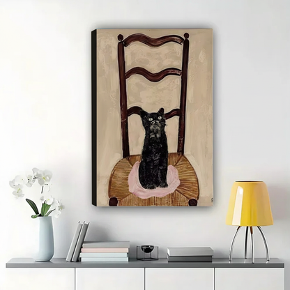 Black Cat on Antique Chair Wall Art – Moody French Oil Painting Canvas Print on Natural Wood Frame