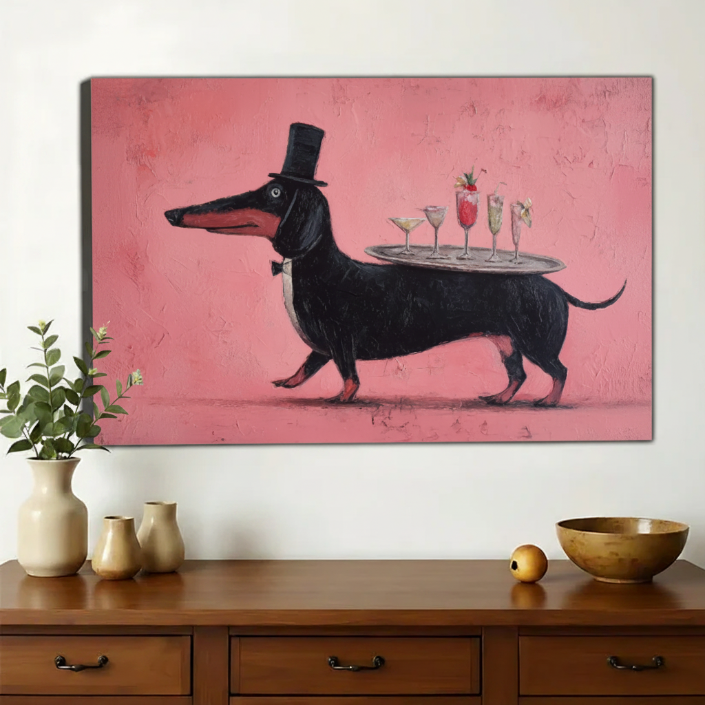 Tuxedo Dachshund with Cocktails Wall Art – Whimsical Party Dog Canvas Print on Natural Wood Frame