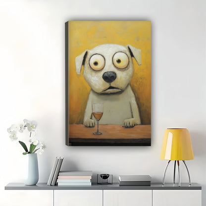 Sad Eyed Dog Bar – Whimsical Lonely Pet Wall Art on Natural Wood Canvas