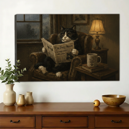 Tuxedo Cat Reading The Daily Meow Wall Art – Whimsical Dark Cat Canvas Print on Natural Wood Frame