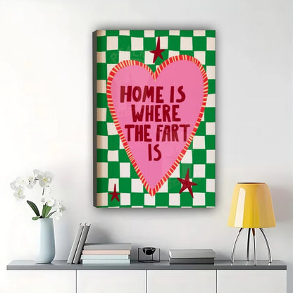 Home is Where the Fart Is – Humorous Retro Heart Wall Art on Natural Wood Canvas