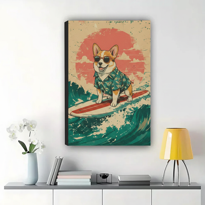 Surfing Corgi Wall Art – Retro Vintage Dog Canvas Print on Natural Wood Frame