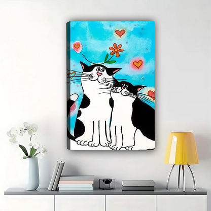Whimsical Cat Couple Art - Black & White Cats with Hearts Canvas Print