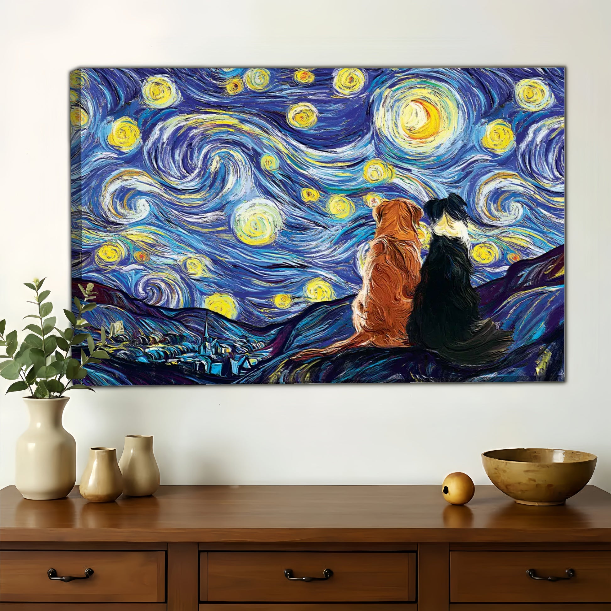 Dogs Under Starry Night Wall Art - Van Gogh Style Canvas Print
