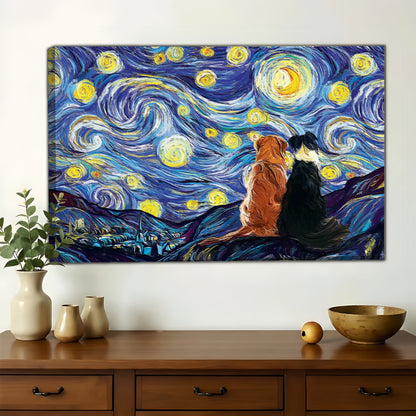 Dogs Under Starry Night Wall Art - Van Gogh Style Canvas Print