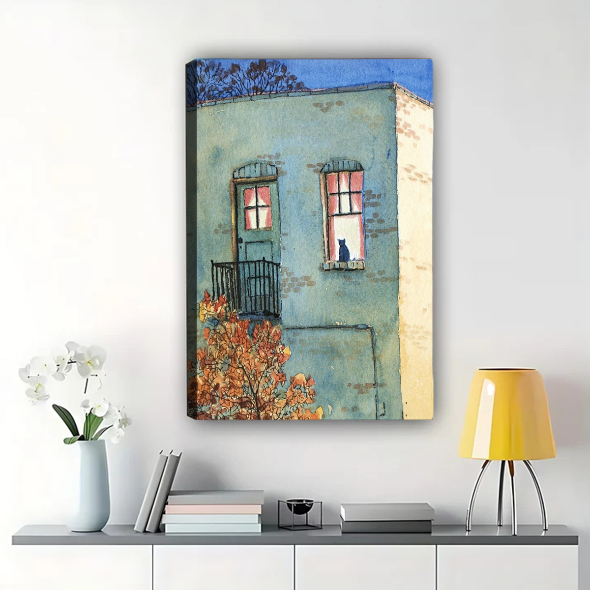 Cat in Window Wall Art - Cozy European Village Canvas Print