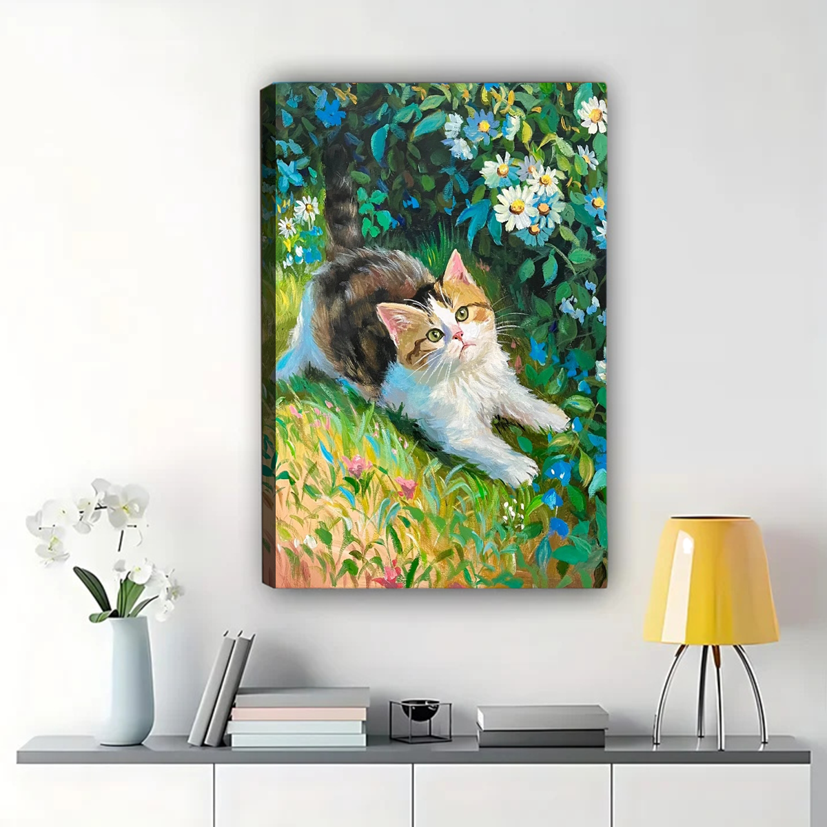 Kitten in Garden Wall Art - Impressionist Floral Canvas Print