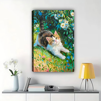 Kitten in Garden Wall Art - Impressionist Floral Canvas Print