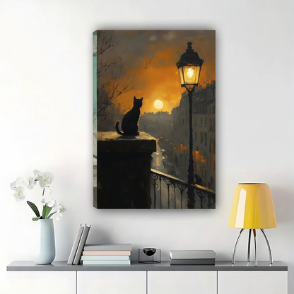 Black Cat by Lantern at Night Wall Art – Atmospheric Evening Cat Canvas Print on Natural Wood Frame