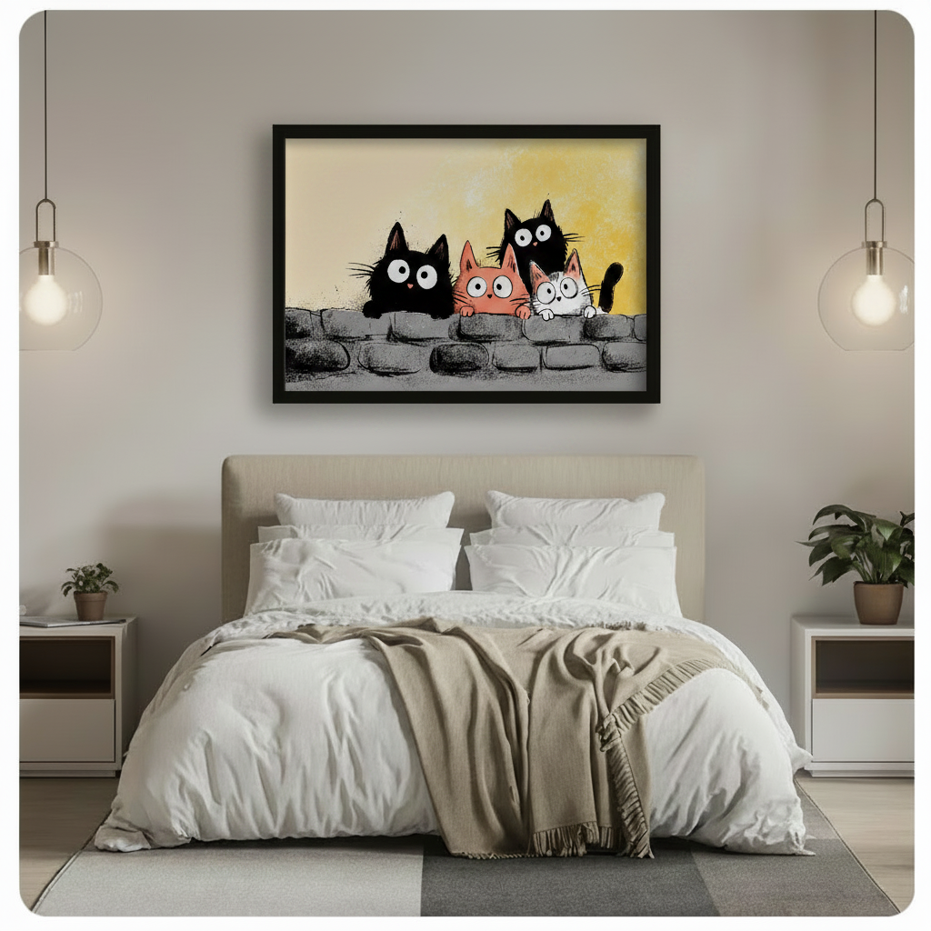 Four Cats Peeking Wall Whimsical Canvas Wall Art