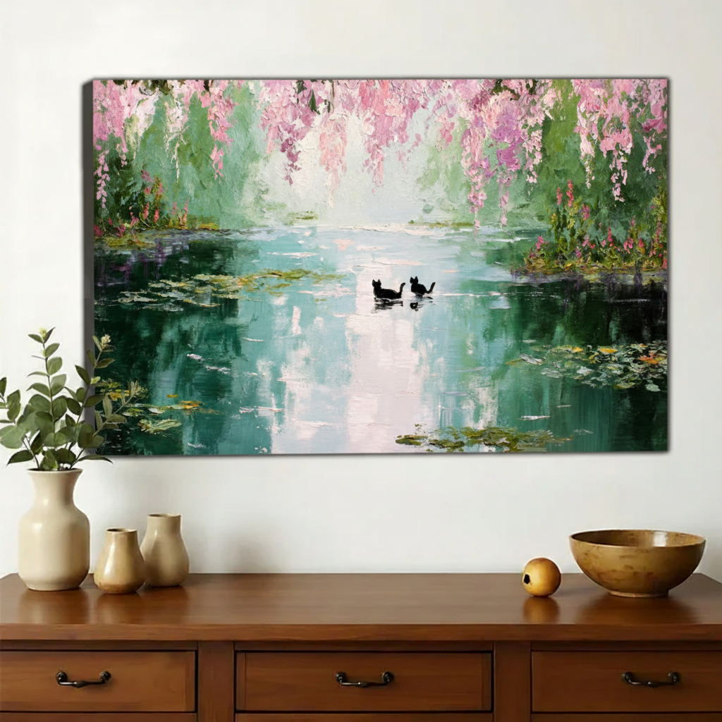 Two Black Cats on Monet's Lily Pond Wall Art – Impressionist Oil Painting Canvas Print on Natural Wood Frame