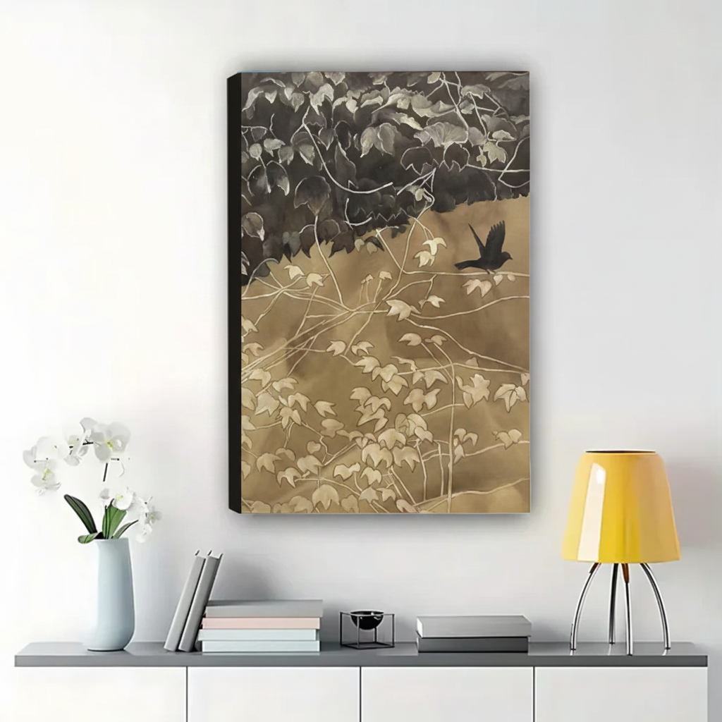 Crow Among Ivy Leaves Wall Art – Japanese Ink Painting Canvas Print on Natural Wood Frame