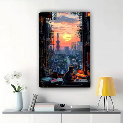 Tokyo Tower Sunset Cat Canvas Art - Japanese Cityscape Window View Print
