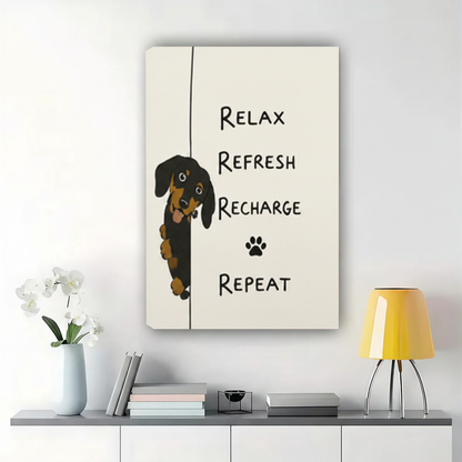 Relax Refresh Recharge Repeat Dachshund Wall Art – Funny Motivational Dog Canvas Print on Natural Wood Frame