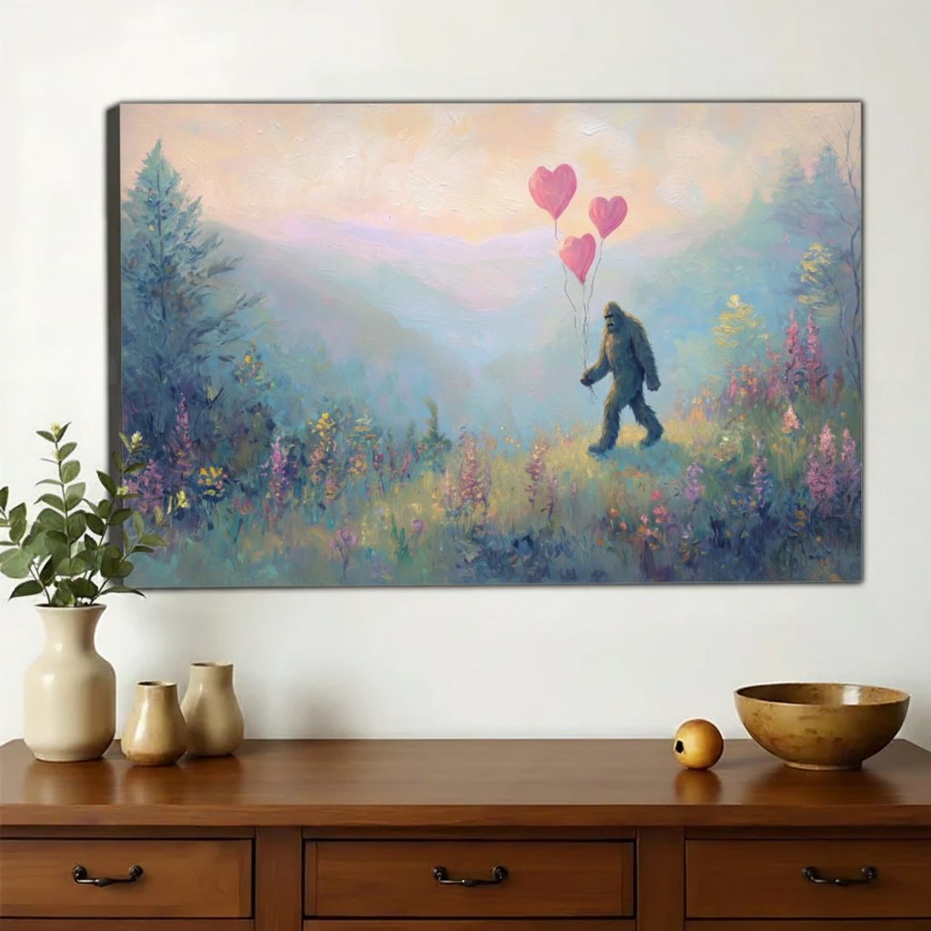 Bigfoot with Pink Balloons Wall Art – Whimsical Forest Bigfoot Canvas Print on Natural Wood Frame