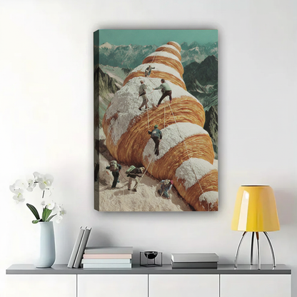 Mountaineers Climbing a Giant Croissant Wall Art – Surrealist Food Collage Canvas Print on Natural Wood Frame