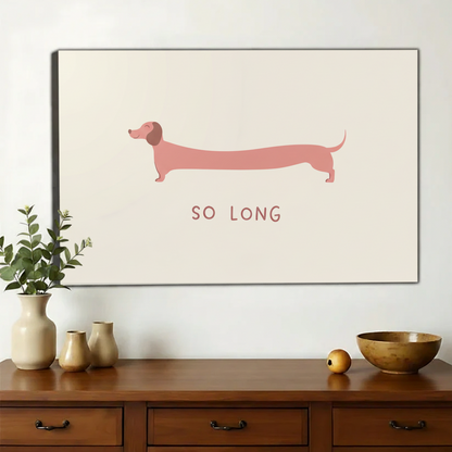 Pink Dachshund "So Long" Wall Art – Minimalist Sausage Dog Canvas Print on Natural Wood Frame