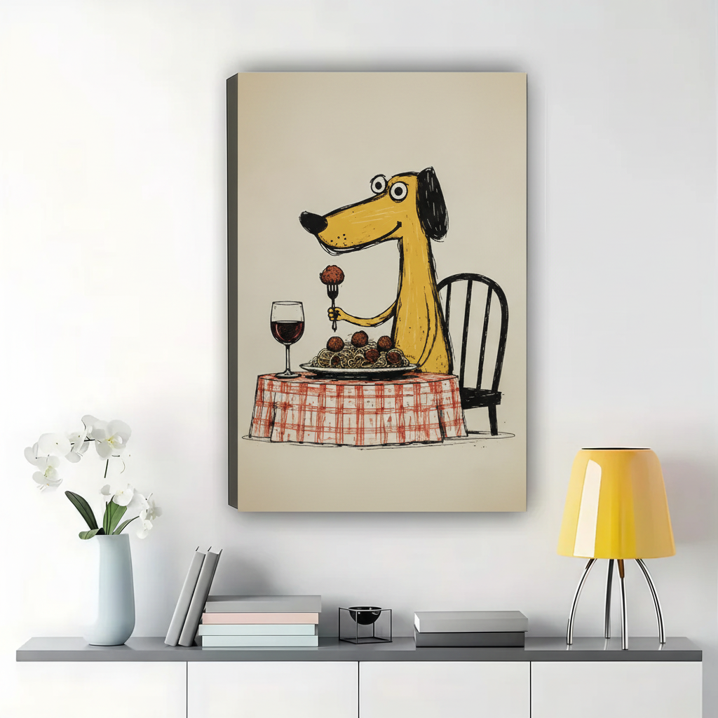 Dog Dining on Spaghetti Wall Art – Whimsical Cartoon Dog Canvas Print on Natural Wood Frame